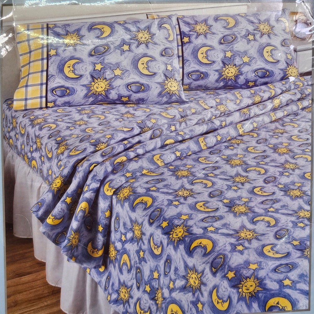 Vintage Jubilee Celestial Sun Moon Flannel Sheet Set Full Cotton‎ Y2K NOS Whimsy